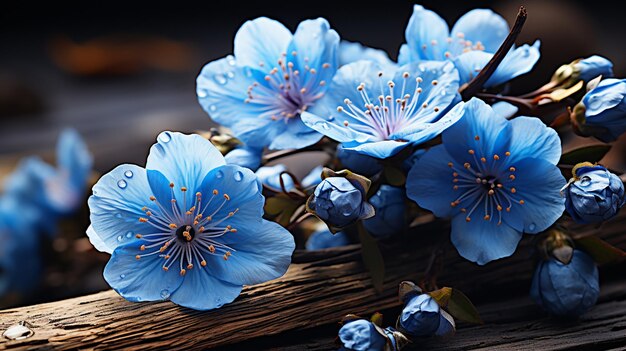 flores de primavera azules sobre un fondo de madera