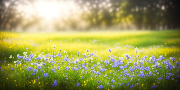 Flores de primavera en banner de postal de fondo borroso IA generativa