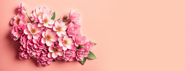 Flores de primavera en banner de tarjeta de fondo rosa IA generativa