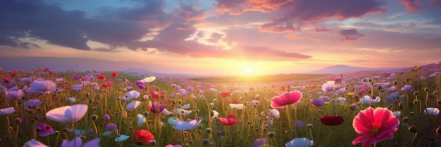 flores de primavera en un campo al atardecer