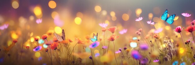 flores de primavera en un campo con mariposas