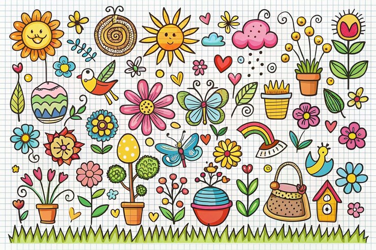 Foto flores de primavera coloridas dibujadas a mano, pájaros del sol, mariposas y otros elementos en el fondo de una página de un cuaderno