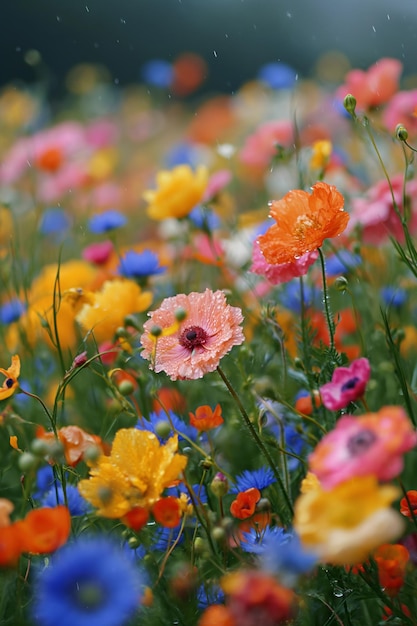 Flores de primavera coloridas con gotas de lluvia