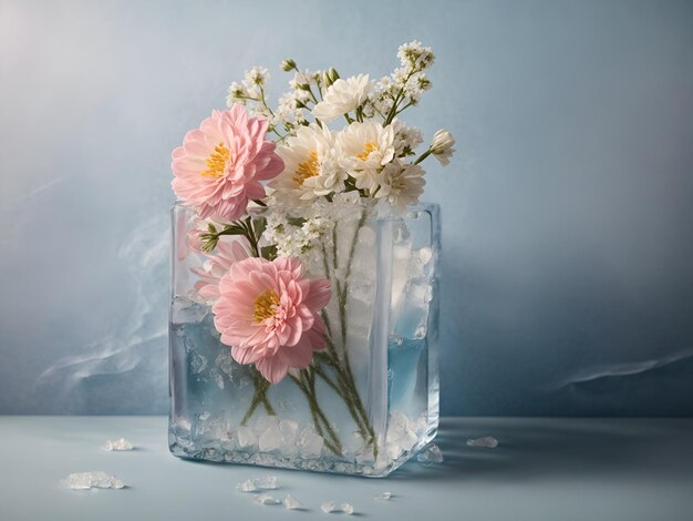 Flores de primavera congeladas en una caja de hielo sobre un fondo azul pastel