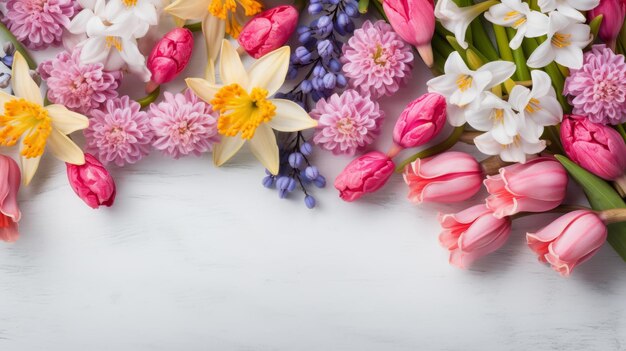 Foto flores de primavera enmarcadas con tulipanes narcisos azaleas en fondo blanco espacio en el medio