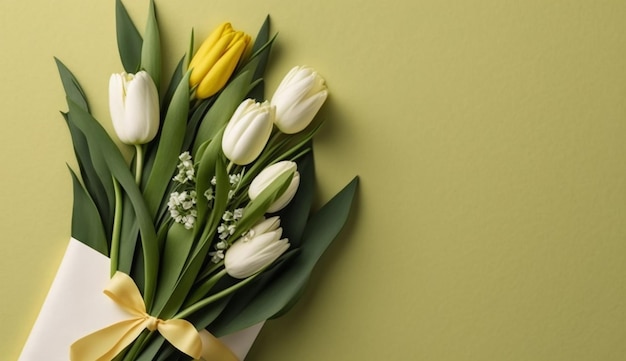 Flores de primavera Fondo del día de la mujer Ramo de tulipanes blancos y ping Regalo presente para la madre