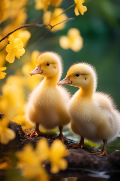 Flores de primavera en el fondo Feliz pato de Pascua