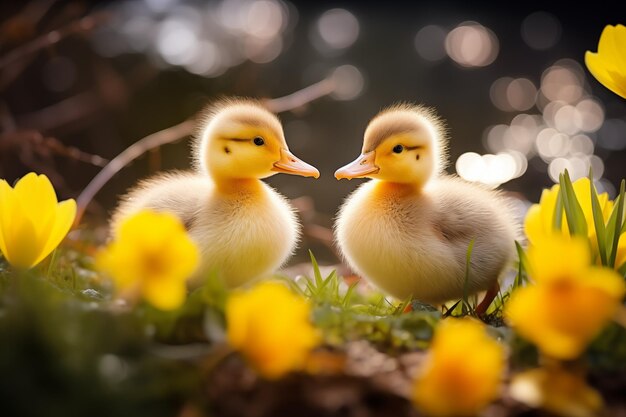 Flores de primavera en el fondo Feliz pato de Pascua