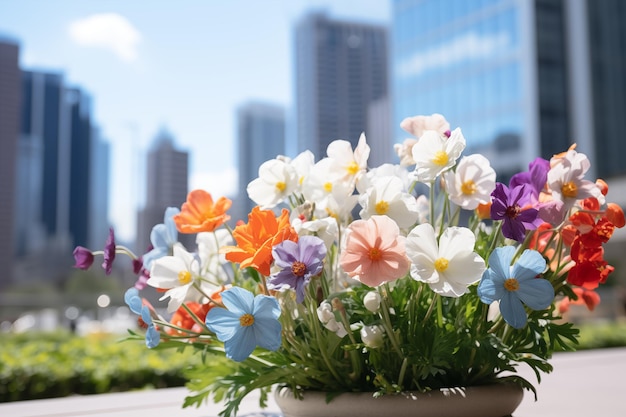 Flores de primavera en el fondo de los rascacielos de la ciudad