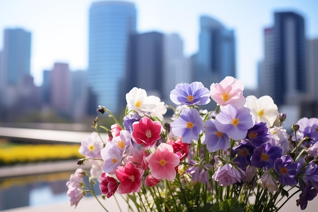 Flores de primavera en el fondo de los rascacielos de la ciudad