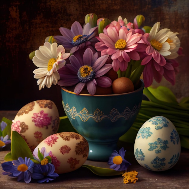 Flores de primavera y huevos de Pascua Generativo Ai