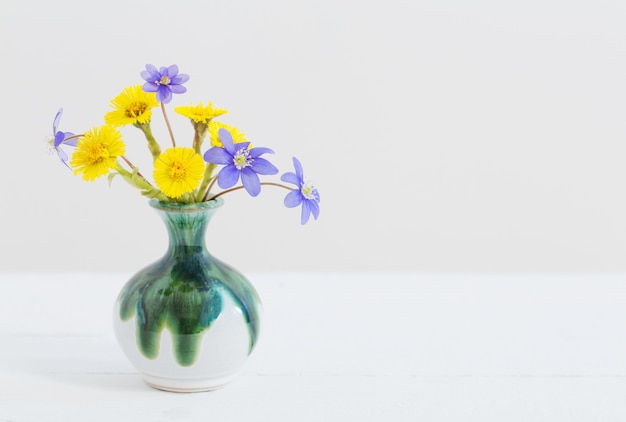 Flores de primavera en un jarrón sobre fondo blanco.