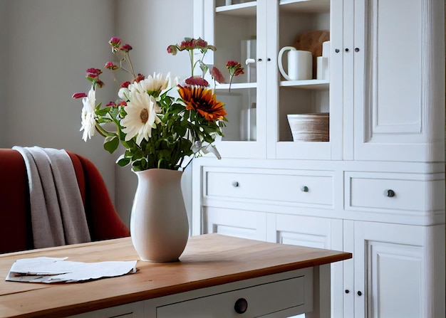 Flores de primavera en un jarrón de vidrio sobre una mesa de madera en la cocina Interior escandinavo elegante y contemporáneo Generado por IA