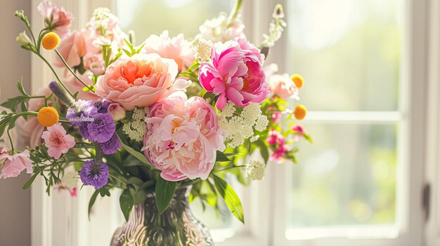 Flores de primavera en jarrón vintage hermoso arreglo floral decoración del hogar boda y diseño de florista