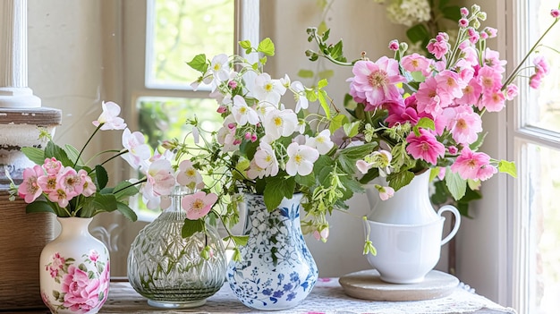 Flores de primavera en jarrón vintage hermoso arreglo floral decoración del hogar boda y diseño de florista