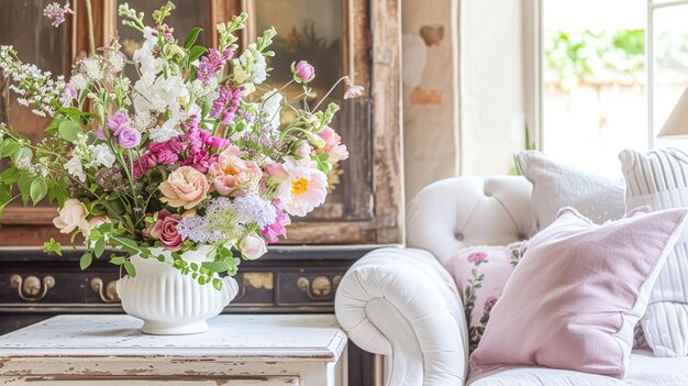 Flores de primavera en jarrón vintage hermoso arreglo floral decoración del hogar boda y diseño de florista