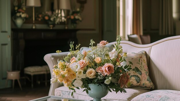 Flores de primavera en jarrón vintage hermoso arreglo floral decoración del hogar boda y diseño de florista