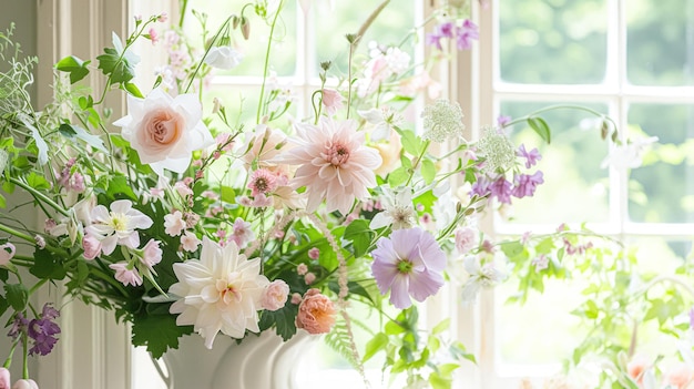Flores de primavera en jarrón vintage hermoso arreglo floral decoración del hogar boda y diseño de florista