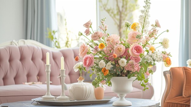 Foto flores de primavera en jarrón vintage hermoso arreglo floral decoración del hogar boda y diseño de florista