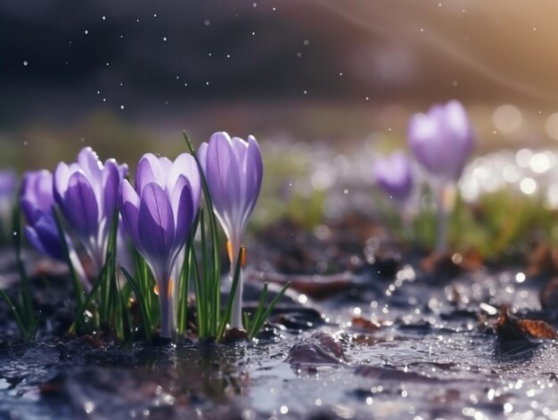 Flores de primavera bajo la lluvia con el sol brillando sobre ellas