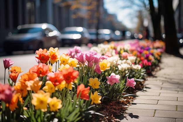 Flores de primavera a lo largo de la carretera de la ciudad y la acera