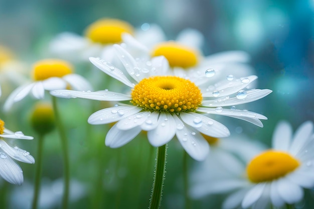 Foto flores de primavera de la manzanilla blanca macro con gotas de agua en los pétalos