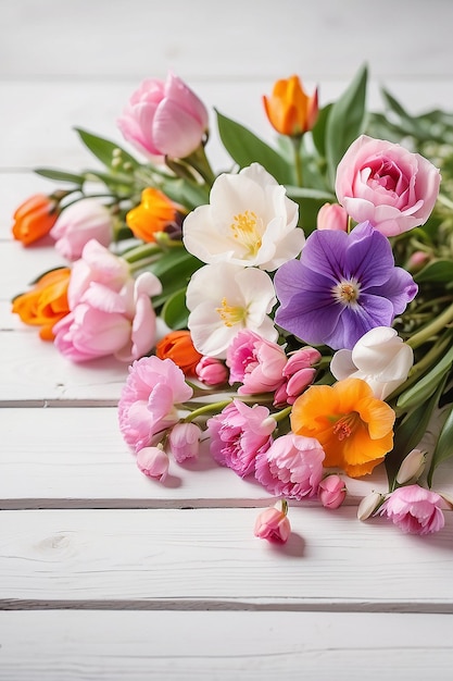 Flores de primavera en una mesa de madera blanca