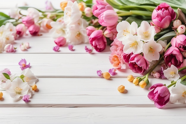 Flores de primavera en una mesa de madera blanca