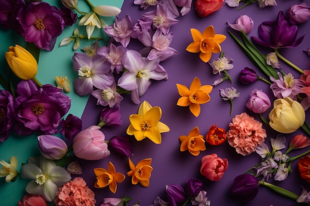 Las flores de primavera multicolores sobre un fondo púrpura generan ai