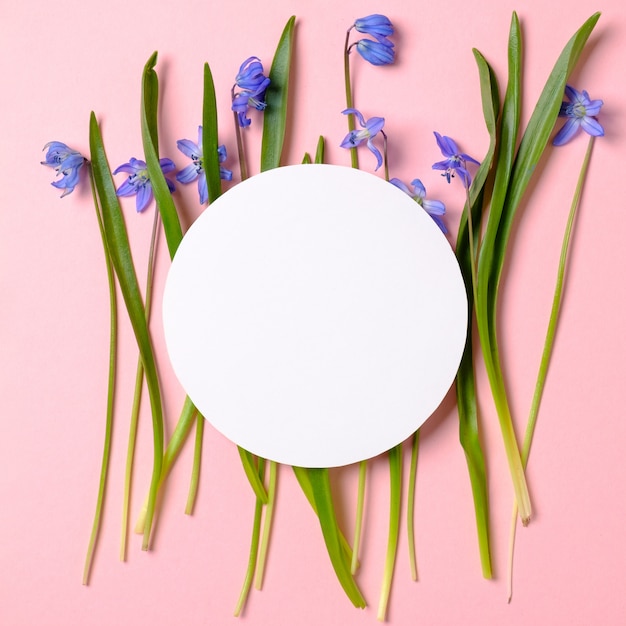 Flores de primavera con pétalos azules y tarjeta de papel en blanco en forma de rueda de engranaje sobre fondo rosa pastel.