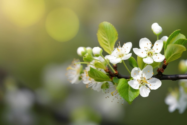 Flores de primavera en una rama con hojas verdes