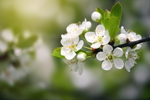 Flores de primavera en una rama con hojas