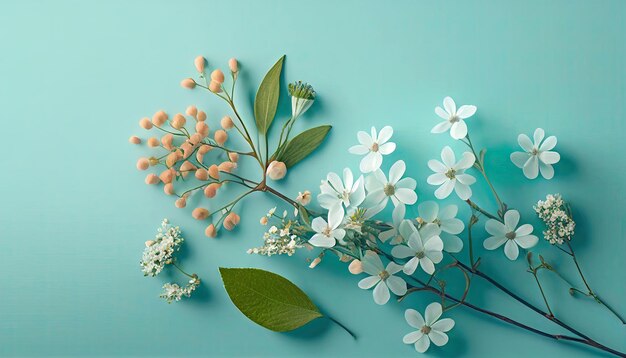 Flores de primavera sobre condimento de fondo pastel de composición floral plana con IA generativa