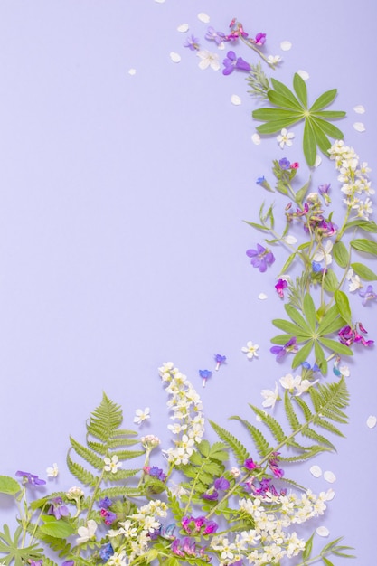 Foto flores de primavera sobre la superficie del papel violeta
