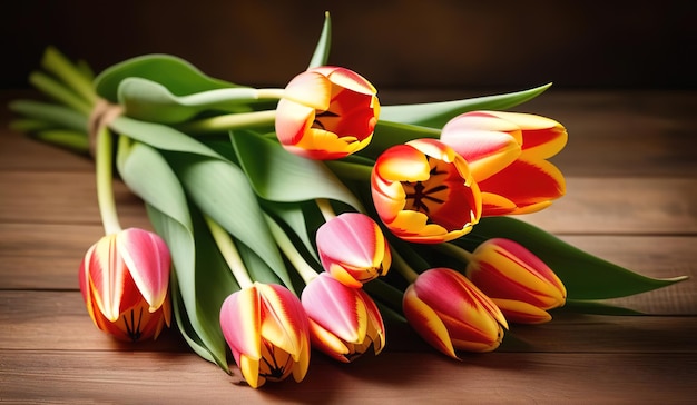 Flores de primavera tulipanes estandarte espacio de copia en la mesa de fondo de madera rosa rojo amarillo ramo de mentira