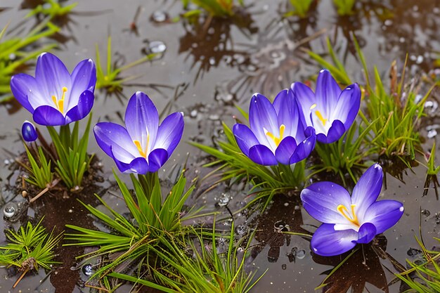 Flores primaverales de azafranes azules en gotas de agua en el fondo de huellas de gotas de lluvia