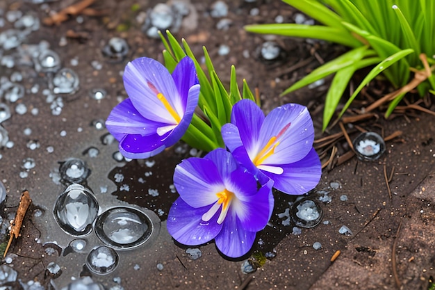 Flores primaverales de azafranes azules en gotas de agua en el fondo de huellas de gotas de lluvia