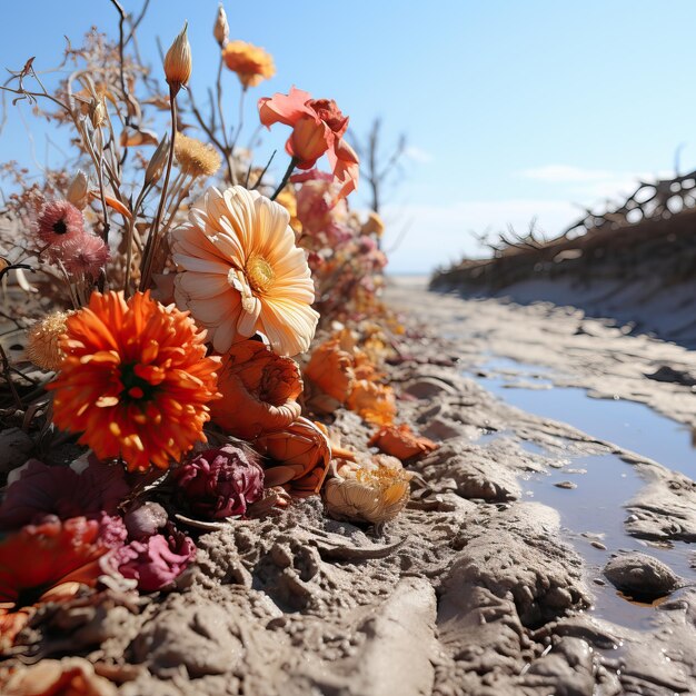 Flores en primer plano contra el telón de fondo de un paisaje montañoso