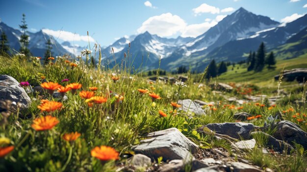 Flores en primer plano que amplifican la majestuosidad de la montaña Floración alpina