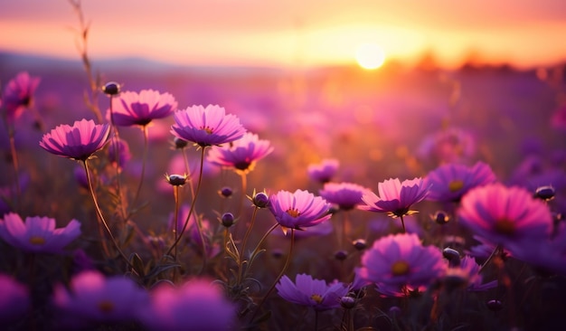 flores púrpuras al atardecer cerca de un campo