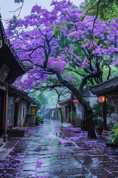 flores púrpuras en un árbol en un pueblo chino generativo ai