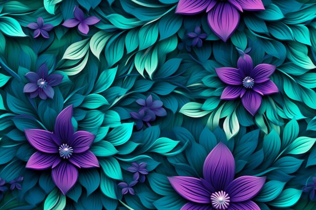 las flores púrpuras y azules están en un fondo verde generativo ai