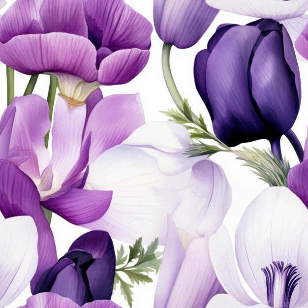Las flores púrpuras y blancas están en un fondo blanco con hojas verdes generativas ai