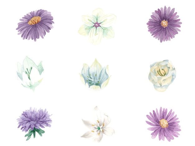 Flores púrpuras y blancas png juego de pegatinas de acuarela vintage
