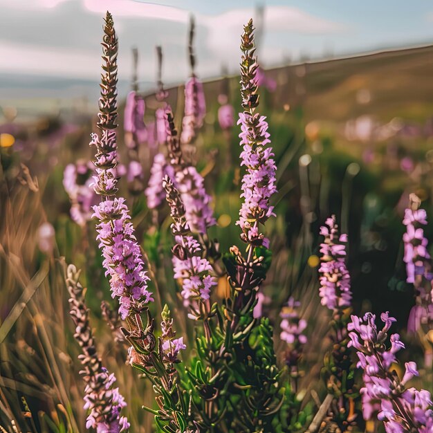 Foto flores púrpuras en un campo con un fondo de cielo