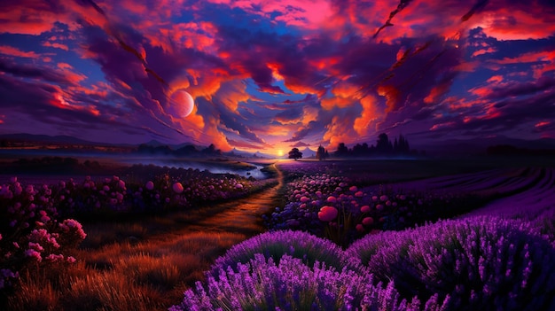 flores púrpuras en un campo con una puesta de sol en el fondo generativo ai