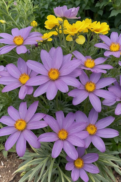 Las flores púrpuras con centros amarillos están creciendo en un jardín