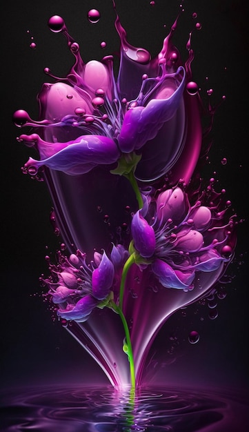 las flores púrpuras están flotando en un jarrón lleno de líquido púrpura generativo ai