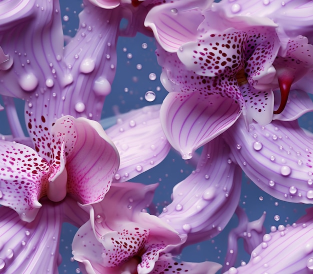 flores púrpuras con gotas de agua en ellas contra un fondo azul generativo ai