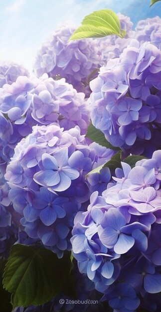 flores púrpuras con hojas verdes en un fondo de cielo azul generativo ai